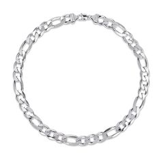 Plan to stand out from the crowd with the striking look of this figaro chain necklace in silver. Fashioned in sterling silver This 14.5mm-wide figaro chain showcases single oval-shaped links alternating with trios of shorter links. This choice makes a bold statement of style. The 24.0-inch necklace secures with a lobster claw clasp. White Figaro Chain Link Necklace, White Gold Figaro Chain Necklace In Stainless Steel, Silver Stainless Steel Necklace With Figaro Chain, White Sterling Silver Figaro Chain Necklace, Sterling Silver Figaro Chain Necklace, Figaro Chain Necklace, Peoples Jewellers, Figaro Chains, Figaro Chain