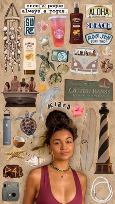 a woman is standing in front of a wall with various items on it