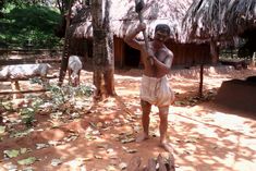 a man standing in front of a hut holding a stick