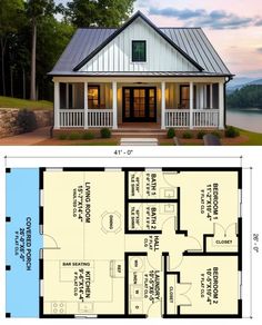 the floor plan for a small house with two levels and an attached porch, is shown in