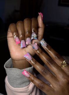 Pink Colorful Nails, Short Junk Nail Designs Duck, Summer Duck Nails Acrylic, Cute Duck Nails With Charms, Short Duck Nails Acrylic Junk, Junk Duck Nails Short, Summer Duck Nails, Rod Wave Nails, Junk Nails Duck