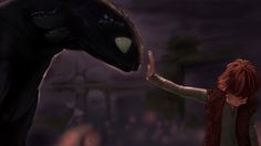 an animated image of a woman reaching out to a large alien like creature that appears to be touching her hand