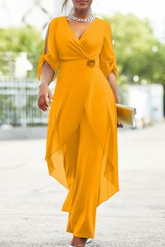 Ginger 3/4 Sleeve Flower Decoration Chiffon Jumpsuit Chiffon Jumpsuit, Elegant Pant, Fall Pants, Jumpsuit With Sleeves, Loose Pants, Coat Dress, V Neck Tops, Jumpsuits For Women, Wide Leg Pants