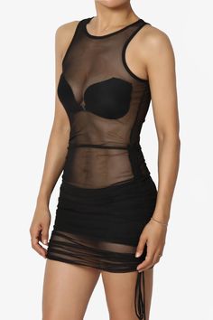 Elevate your party wardrobe with this sexy sheer mesh bodycon mini dress.Side ruching with adjustable length adds versatility, making it perfect for night outs, cocktails, and casual weekend wear.Lightweight and timeless, perfect for spring and summer looks.Sexy Mesh Mini Dress: Sleeveless styling for night outs, parties, and special occasions or poolside cover-up.Drawstring Side Ruching: Customize the length(Mini to Mid-thigh length) for a flattering, stylish fit.Lightweight & Breathable: Great Flirty Mini Dress With Built-in Bra For Club, Mini Bodycon Dress With Built-in Bra For Date Night, Sheer Fitted Mini Dress For Party, Fitted Sheer Mini Dress For Party, Mesh Mini Dress For Parties, Summer Fitted Mini Dress With Sheer Bodice, Fitted Summer Mini Dress With Sheer Bodice, Summer Mini Dress With Sheer Bodice And Fitted Design, Elegant Summer Mesh Dress For Club