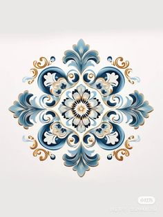 an ornate blue and gold design on a white background