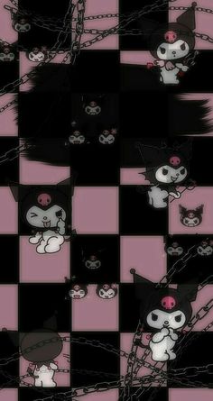 an animated image of a cat with chains around it's neck and eyes, on a black and pink checkerboard background