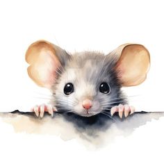 a watercolor painting of a mouse peeking over a wall