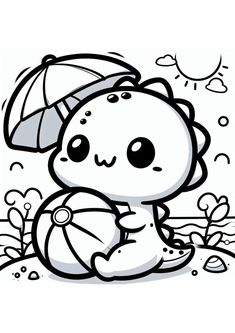 a cartoon character sitting on the ground with an umbrella and ball in his hand, while holding