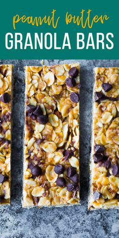 three granola bars with chocolate chips and nuts on top, in front of the words peanut butter granola bars