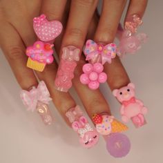 Fake Nails Hello Kitty, Press On Nails Hello Kitty, Candy Junk Nails, Cutecore Nails, Cute Kawaii Nails, Decora Nails, Alice Nails, Pink Long Nails, Nails Jelly