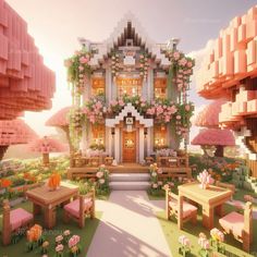 an artistic rendering of a house in the middle of flowers and trees with benches around it