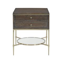 a wooden and metal end table with two drawers on one side, an oval glass tray on the other