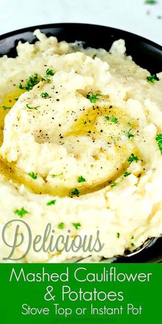 mashed cauliflower and potatoes in a black bowl with parsley on top