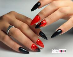 Black And Red Fire Nails, Red And Black Flame Nails, Acdc Nails, Devil Nail Art, Devil Nails Designs, Devils Couple Costume, Red Flame Nails, Devil Nails, Nail Cartoon