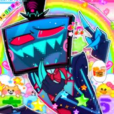 an image of a cartoon character holding up a computer screen with stars and rainbows in the background