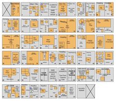 the floor plan for an office building with several different layouts and sections, all in yellow