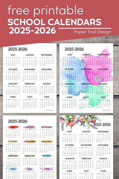 the free printable school calendars are available in three different colors, including pink and blue