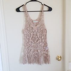 Super Cute Kimchi Blue/Urban Outfitters Tan Crochet Festival Top With Fringe Hem. Size Xs/S. Versatile!! Never Worn, Like New Condition. Vintage. Purchased From Urban Outfitters Approx. 2012. Sleeveless Crochet Beachwear Tops, Spring Beachwear Crochet Lace Top, Spring Lace Crochet Top For Beachwear, Summer Beach Lace Top Fitted, Fitted Lace Top For Summer Beach, Fitted Lace Top For Beach, Summer, Fitted Lace Top For Vacation, Spring Beachwear Tops With Crochet Trim, Spring Beach Stretch Lace Top