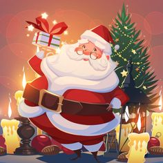 a cartoon santa claus holding a gift box in front of a christmas tree with candles