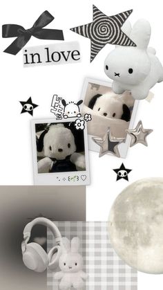 a collage of photos with teddy bears, stars and moon in the background that says in love