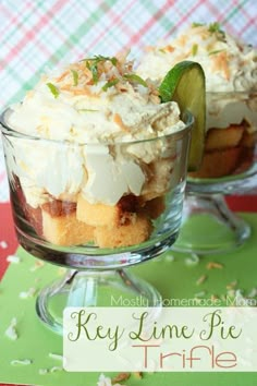 key lime pie trifle in glass dishes on green and red tablecloth with text overlay