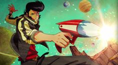 an animated image of a man holding a rocket ship