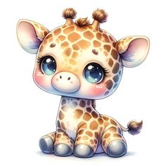 a cute little giraffe sitting down with big blue eyes and brown spots on it's face