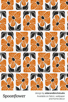 an orange and black flower pattern is featured in the cover of spoonflower designs by elizabeth strutula available on fabric, wallpaper and home decor