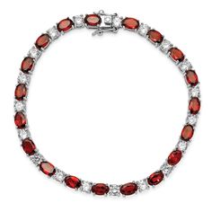 Sterling Silver Polished Finish Garnet and Cubic Zirconia Bracelet with Box Catch Clasp Red Oval Diamond Gemstone Bracelet, Red Diamond Oval Tennis Bracelet, Red Oval Diamond Classic Bracelet, Red Oval Classic Diamond Bracelet, Classic Red Oval Diamond Bracelet, Red Diamond Bracelet As Gift, Red Diamond Bracelets Fine Jewelry, Red Diamond Bracelet For Formal Occasions, Red Oval Tennis Bracelet Fine Jewelry