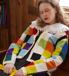 The Cubis Cardigan — Kina & Tam Playful Multicolor Cotton Sweater, Retro Cotton Patchwork Cardigan, Retro Cotton Cardigan With Patchwork, Playful Multicolor Long Sleeve Cardigan, Retro Multicolor Patchwork Cardigan, Multicolor Retro Patchwork Cardigan, Multicolor Long Sleeve Outerwear For School, Multicolor School Outerwear For Fall, Multicolor Spring Outerwear For School