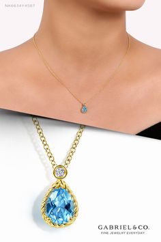 14K Yellow Gold Pear Shape Blue Topaz Pendant Necklace with Bezel Set Diamond. NK6634Y45BT #Necklaces #DiamondNecklace #GoldNecklace #gabrieljewelry #gabrielnecklace #gabrielring #gabrielearrings #gabrielbracelet #GabrielNY #DiamondJewelry #GabrielAndCo #UniqueJewelry #Jewelry #FashionJewelry #GiftIdeas #UniqueGifts #BlueTopaz Luxury Brilliant Cut Birthstone Necklace, Luxury Tension Setting Jewelry For May Birthstone, Luxury Elegant Birthstone Jewelry, Luxury Diamond Birthstone Round Pendant Necklace, Luxury Birthstone Round Pendant Diamond Necklace, Luxury May Birthstone Round Pendant Necklace, Luxury Birthstone Diamond Necklace, Luxury Fine Jewelry Necklaces With Tension Setting, Luxury Fine Jewelry Custom Gemstone Necklace