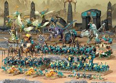 a large group of warhammers in front of a desert landscape with mountains and rocks