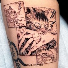 a close up of a person's arm with tattoos on it and an image of a cat