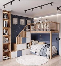 a room with a bed, bookshelf and stairs in it's center