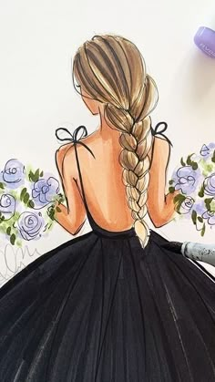 a drawing of a woman in a black dress with braids on her head and flowers behind her back