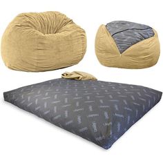 two bean bag chairs and a bed that pulls out of a bean bag chair,