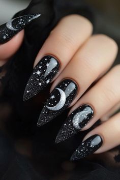 Glitter Spooky Nails, Subtle Black Halloween Nails, Black And Gray Halloween Nails, Witchy Inspired Nails, Celestial Halloween Nails, Silver Chrome Halloween Nails, Moon Acrylic Nail Designs, Salem Inspired Nails, Black Nail Designs Fall