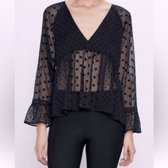 Zara Blouse *Nwt*. Sheer, Black, Flowy With Polka Dots Throughout. Photo Is Of The Exact Item. Fall Sheer V-neck Blouse, Casual V-neck Blouse For Evening, Sheer Casual Blouse For Night Out, Casual Sheer Blouse For Night Out, Zara Casual Party Blouse, Chic Zara Tops For Going Out, Zara Casual Blouse For Date Night, Chic Zara Blouse For Date Night, Casual Zara Blouse For Night Out