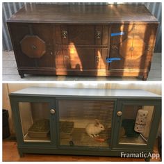 an old dresser turned into a dog kennel