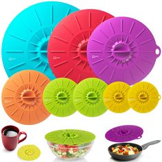 six different colored bowls with lids and spoons next to each other, including one bowl