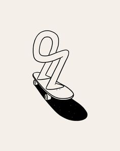 a black and white drawing of a person on a skateboard with the letter o above it