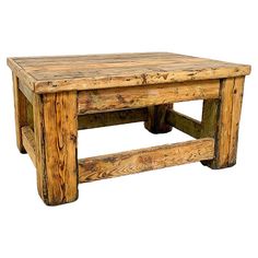 a rustic wooden table with wheels on the top and bottom, sitting against a white background