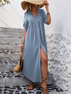 Women Plain Solid Minimalist Button-Down Dress Dusty Blue Casual  Short Sleeve Woven Fabric Plain Shirt Non-Stretch  Women Clothing, size features are:Bust: ,Length: ,Sleeve Length: Sticky Bra, Plain Shirt, Slim Fit Top, Dress Dusty, Long Dress Casual, Irregular Hem, Shirt Dress Casual, Elegant Dresses Long, Pleated Midi Dress