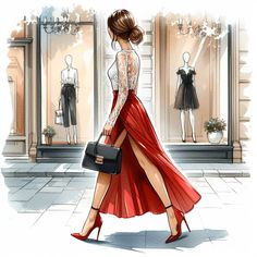 a woman in a red dress is walking down the street with her hand on her purse