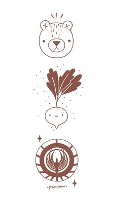 three different types of animals and plants in brown ink on white paper, each with an animal's head