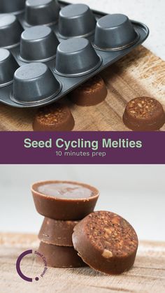 some chocolates are stacked on top of each other with the words seed cycling melties