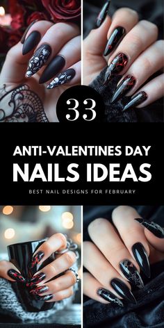 If you love edgy and bold nail designs, these anti-Valentine's Day ideas are for you! From short black nails to acrylic art, these simple designs are perfect for any mood. Add a touch of red or pink for a gothic twist. Save for more nail art inspiration! Anti Valentines Nails, Short Black Nails, Gothic Nail Art, Dark Nail Art, Simple Nail Art, Anti Valentines Day, Simple Nail, Dark Nails, Easy Nail Art