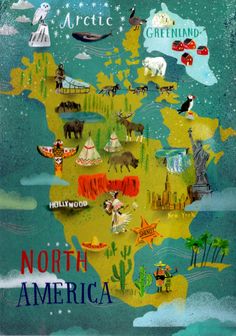 an illustrated map of the united states with animals and places to see on it's side