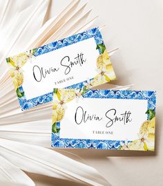 Blue Tiles Lemon Wedding Place Cards Template, Mediterranean Name Cards Italian Amalfi Coast Printable Escort Cards, Name Cards Template W13