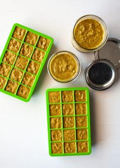 there are three containers with food in them on the table next to each other and one is filled with peanut butter